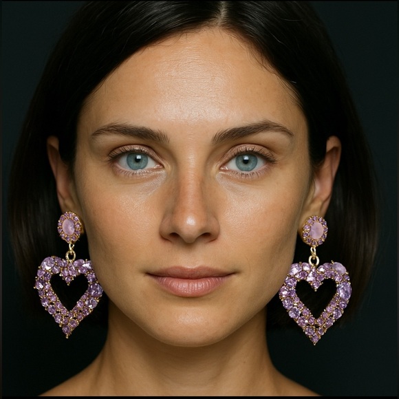 Lavender Crystal Heart Drop Statement Earrings - Picture 1 of 13